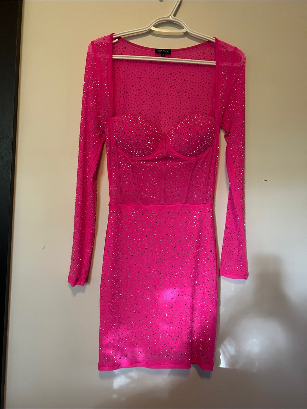 TOPSHOP Neon Hot Pink Long Sleeve Rhinestone Bustier Bodycon Dress
